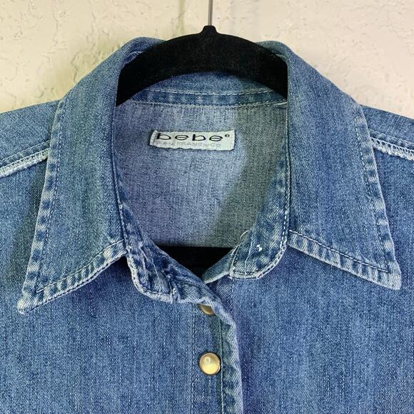 BEBE Shirt Medium Vintage Denim Pearl Snap Chest Pockets 3 Snap Cuff Western - Picture 3 of 13